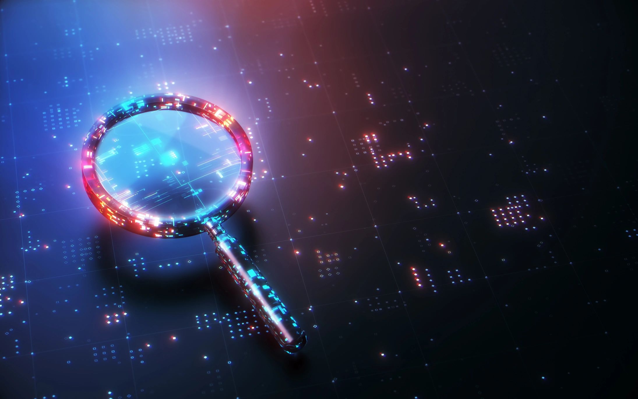 Abstract magnifying glass on a digital technology background representing data processing and analysis.